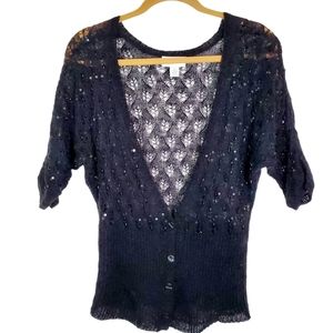 Loft Ann Taylor Deep V Half Sleeve Sparkly Bead Sequin Cardigan Black Sz S